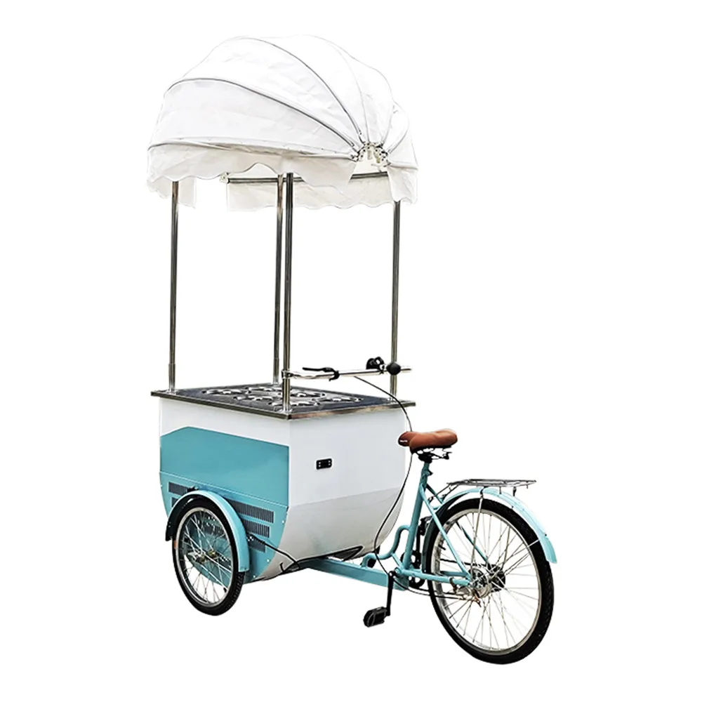 

Hot Sale Three Wheel Tricycle Mobile Ice Cream Cart with Freezer Adult Bicycle Bike Salad Street Food Vending Cart