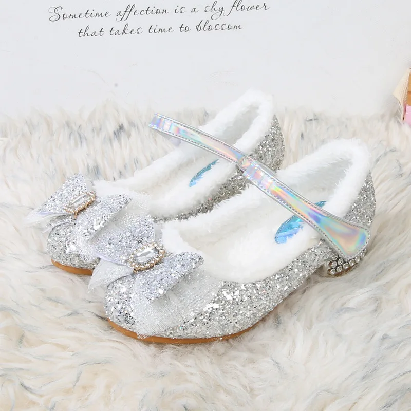 Winter Shiny Snow Queen Princess Elsa High Heels Padded Plush Fluffy Shoes for Girls Fairy Masquerade Birthday Party Dress Up