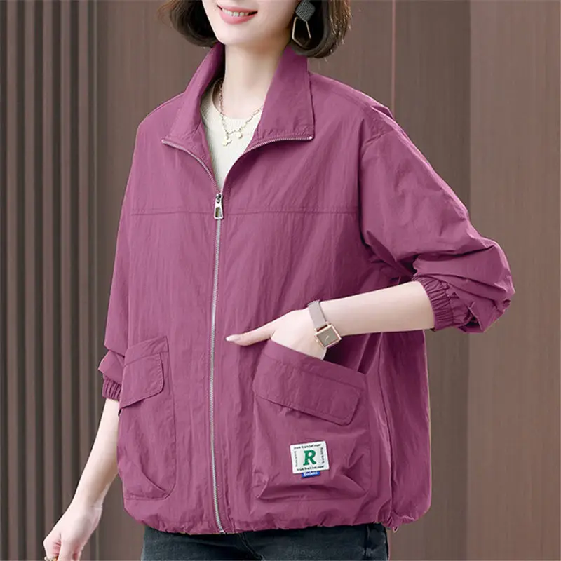 Golf Women Short Jacket Pink Tops Cardigan Pockets  Coat Windbreaker Casual Outerwear Chic Clothing Loose Fit Slim Fit Solid