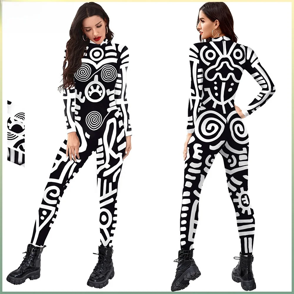 

Women's Retro Bla White Abstract Digital Print ex loween Performance Jumpsuit Stage Costume Cross-Border Faion