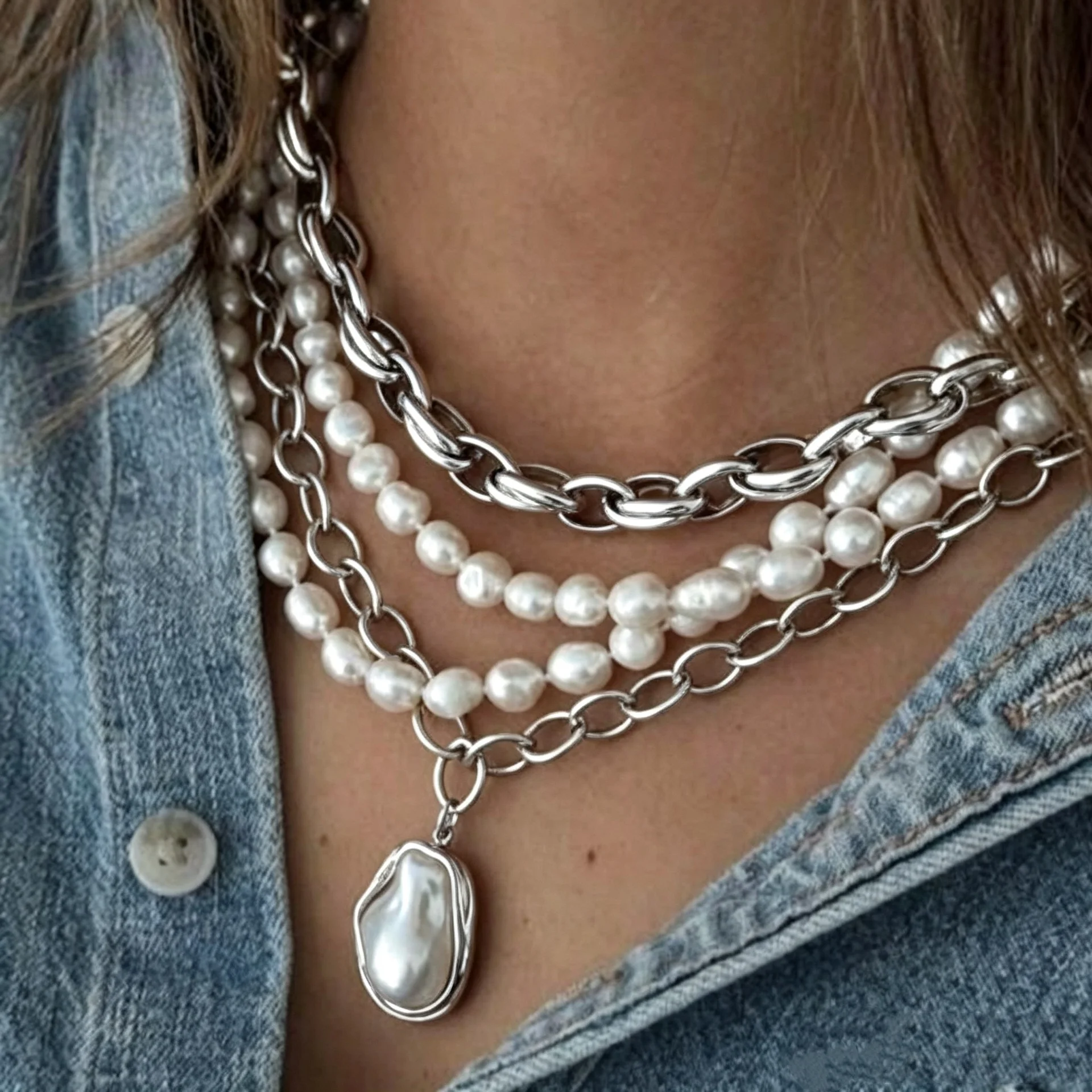 4-teiliges Vintage-Set mit unregelmäßigen Perlenketten für Damen, elegante Luxus-Barock-Perlenanhänger-Halsketten, Urlaubs-Statement-Schmuck, neu – Detail 3