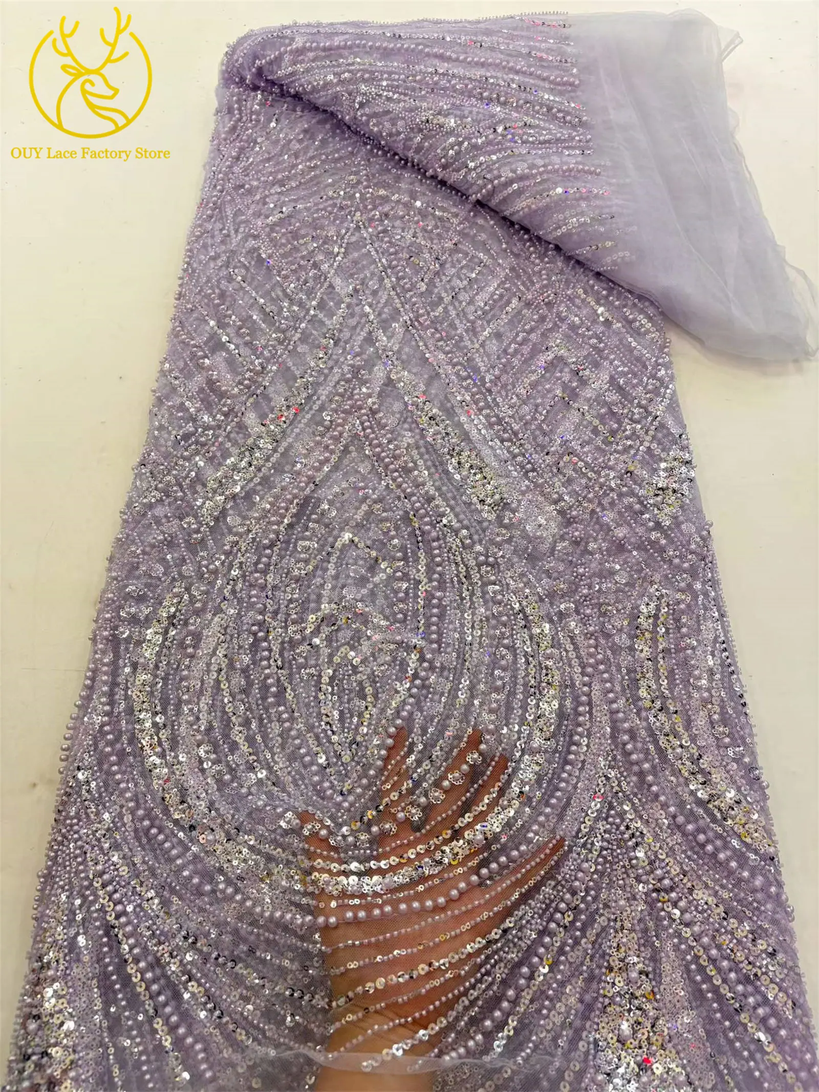 Afrikanischer Perlenstickerei-Spitzenstoff, 5 Yards, hochwertiger, eleganter Pailletten-Spitzenstoff, grün, nigerianisch, für Hochzeits- und Abendkleider – Detail 13