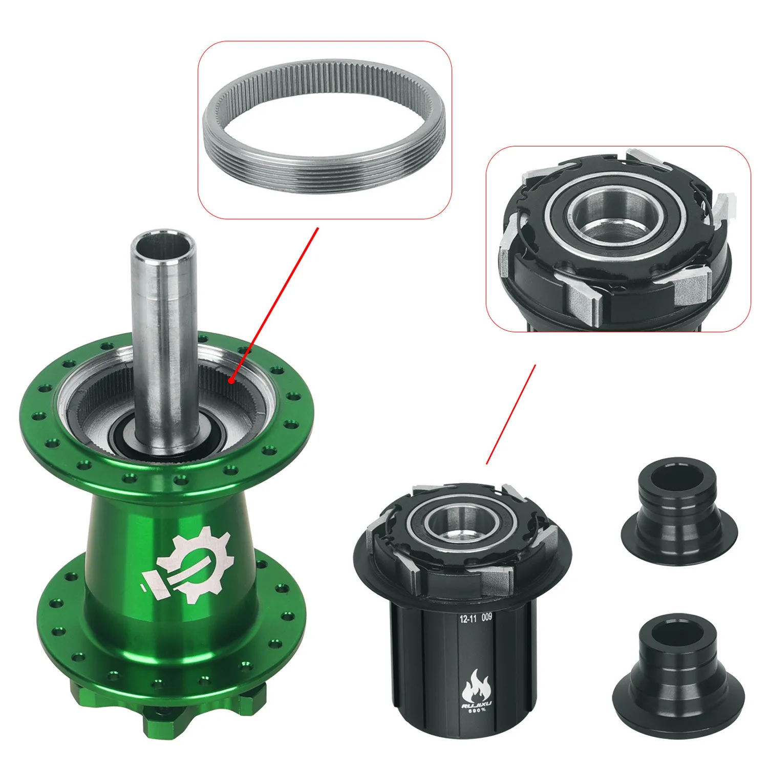 green RUJIXU SLR I9 690 Click Hub 7 Bearing MTB Mountain Bike Hub Front Rear 32Holes QR TA BOOST Disc Brake Bicycle MS/XD Hubs