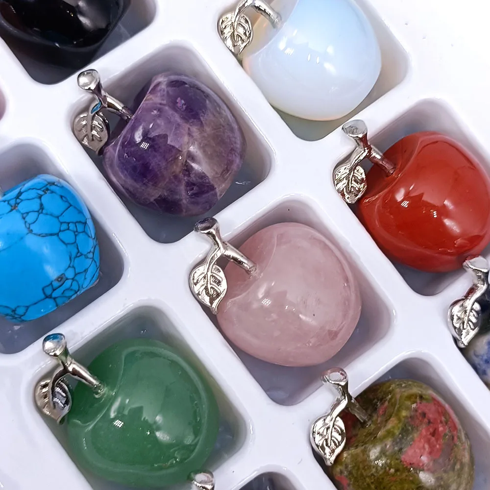 تفاح كريستال طبيعي، زخرفة تفاح أحجار كريمة مصنوعة يدويًا مع جذع أوراق فضية، تستخدم لتزيين المنزل، والمجموعة، وإعطاء الهدايا