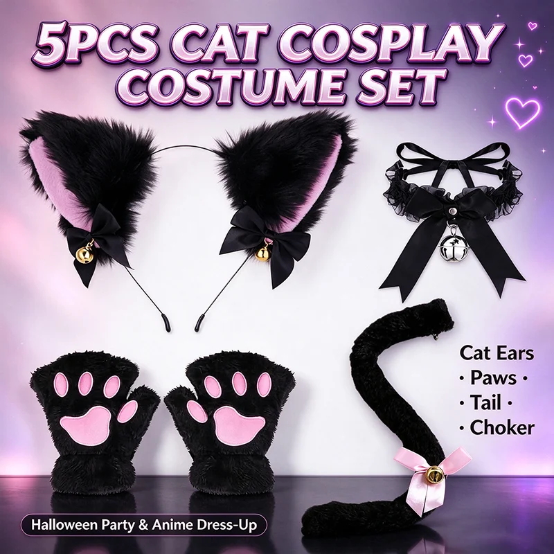 5pcs Cute Cat Paw Gloves & Ear Headband Set, Winter Half Finger Cartoon Gloves Fox Cat Ear Bell Headwear For Girls Cosplay Party