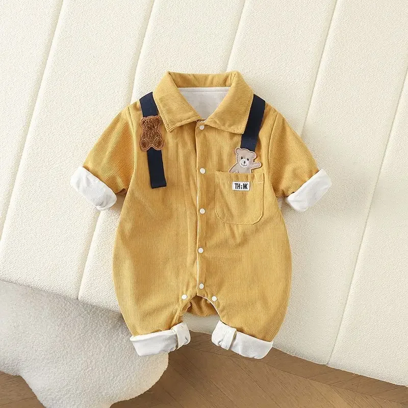 Baby Clothes Newborn Rompers 2024 Autumn Infant Boys Casual Double Layer Jumpsuit Toddler Girls Cartoon Bear Corduroy Romper