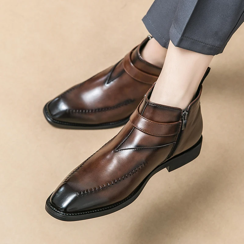 Business Men Chelsea Boots Dark Brown Side Zipper High-top Casual Comfortable Fashionable Ankle Boots Size 38-46 Men Boots