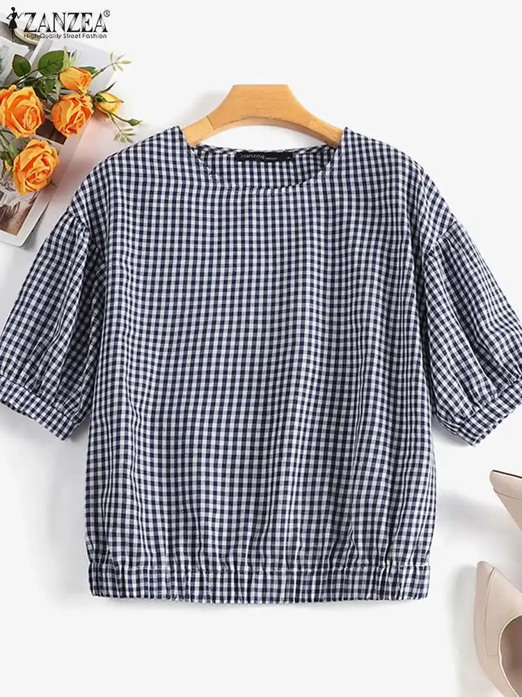 ZANZEA Fashion Summer O Neck Half Sleeve Blouse Women Plaid Checked Tops Casual Loose Holiday Shirt Female Party Blusas Mujer