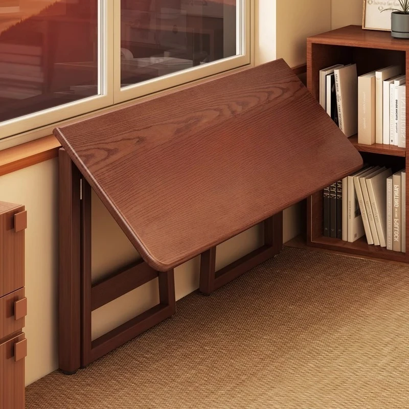 Space Saving Folding Computer Desk Narrow Wooden Study Table for Bedroom Home Office Wall Side Long Writing Workstation Simple