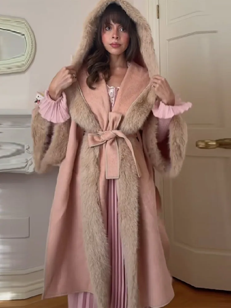 

Женское роскошное длинное пальто с воротником из искусственного меха в стиле ретро, с длинным рукавом и регулируемой талией, теплая куртка большого размера, зимняя элегантная уличная одежда