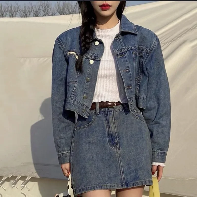 Autumn Y2k Denim Two Piece Set Women's Korean Cropped Jackets with High Waist A-line Mini Skirt Suits Female Harajuku Outfits