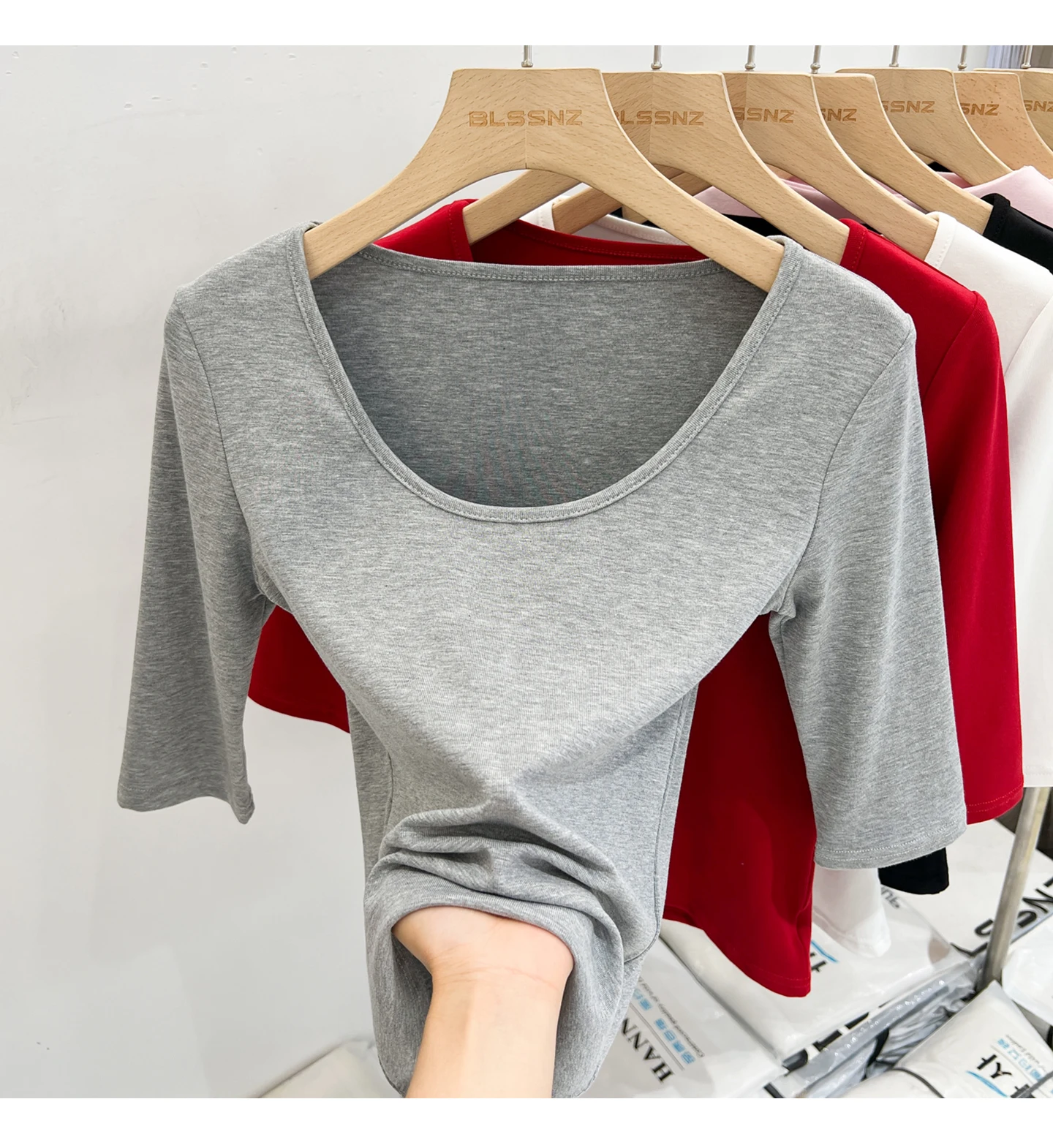 Zjaiss Women's White Base Top 2026 New U-Neck Three-Quarter Sleeve Tee for Spring & Summer Solid Versatile Casual Simple T-Shirt