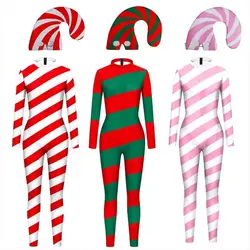 Color Candy Cane Cosplay Bodysuit Christmas Red Stripe Jumpsuit Costume Xmas Show Novelty Outfit Holiday Party Hat Couple Suit