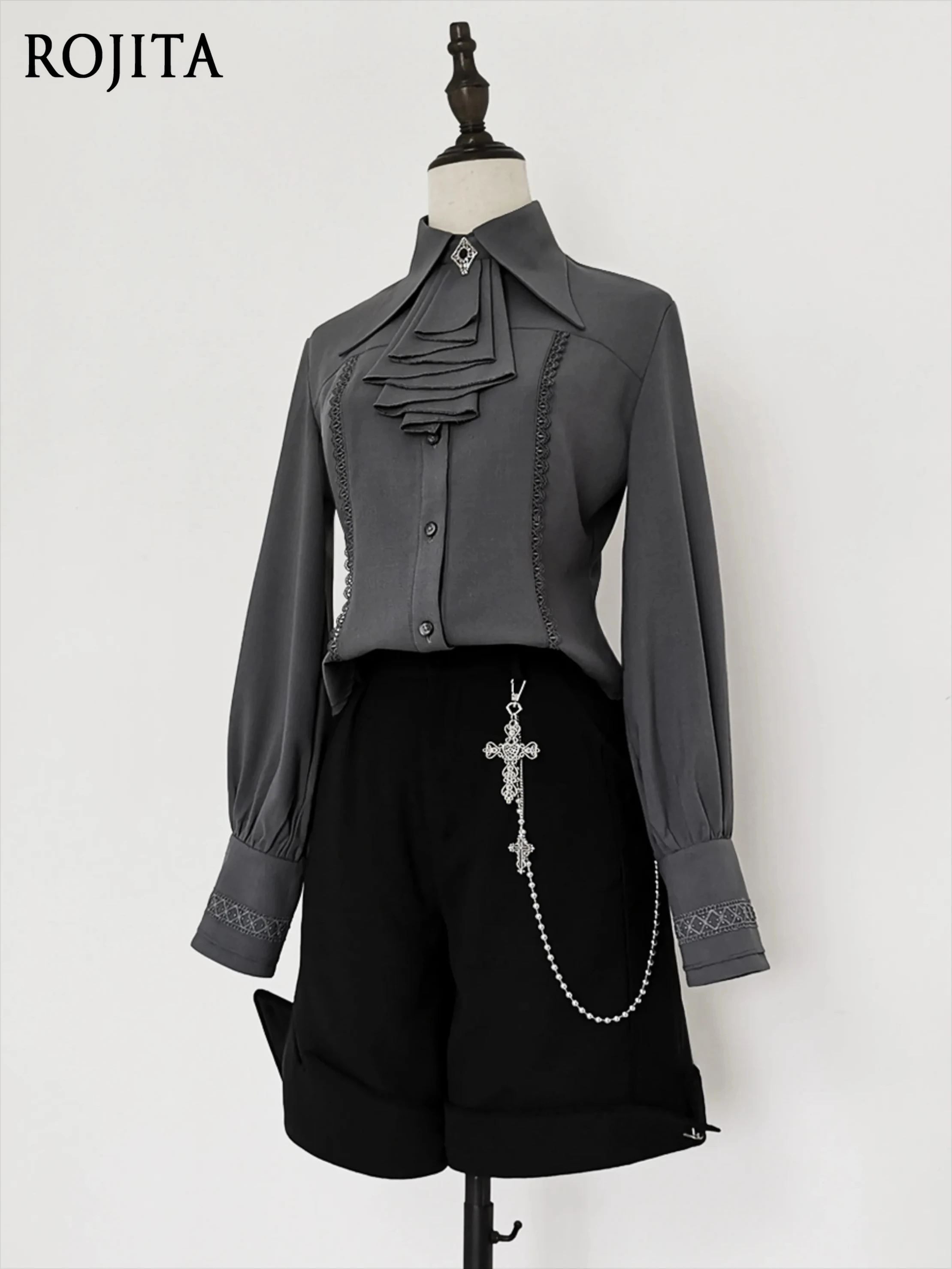 

Черно-синяя рубашка в стиле ретро в стиле Лолиты, средневековый нагрудник с овечьими рукавами, облегающая универсальная однотонная рубашка с рукавами-фонариками и длинными рукавами