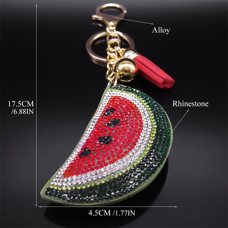 Kawaii Watermelon Full Crystal Key Chain Women Men Alloy Leather Gold Color Fruit Keyring Bag Car Accessories Jewelry K5100S05