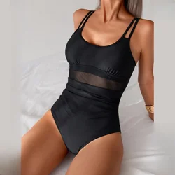 Women U Neck Double Strap One Piece Mesh Swimsuits Slimming Swimwear