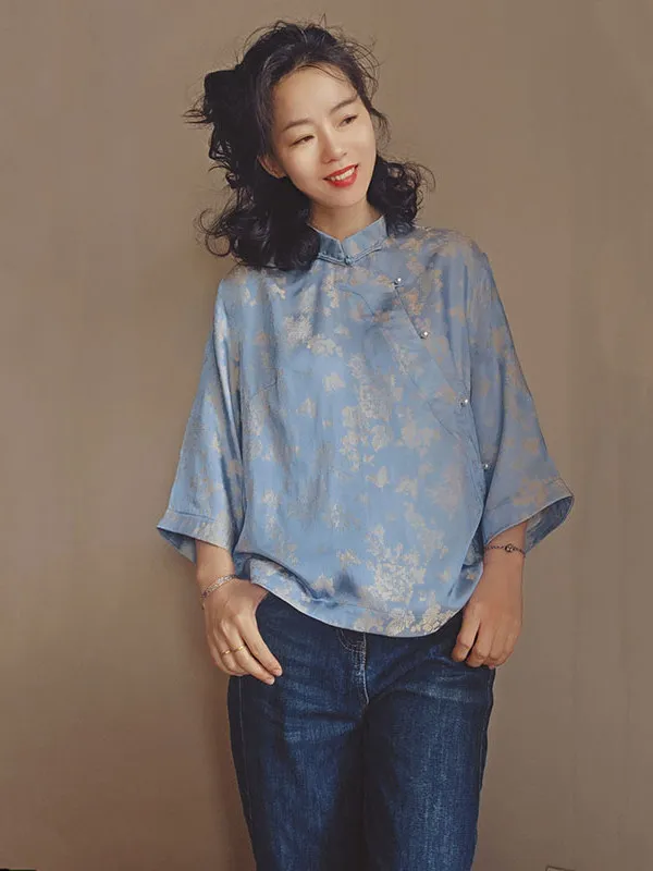 

So Blue Summer New Arrival Silk Blend Double Color Embroidery Vintage Chinese Sle 7/8 Sve Women's irt Casual Faion