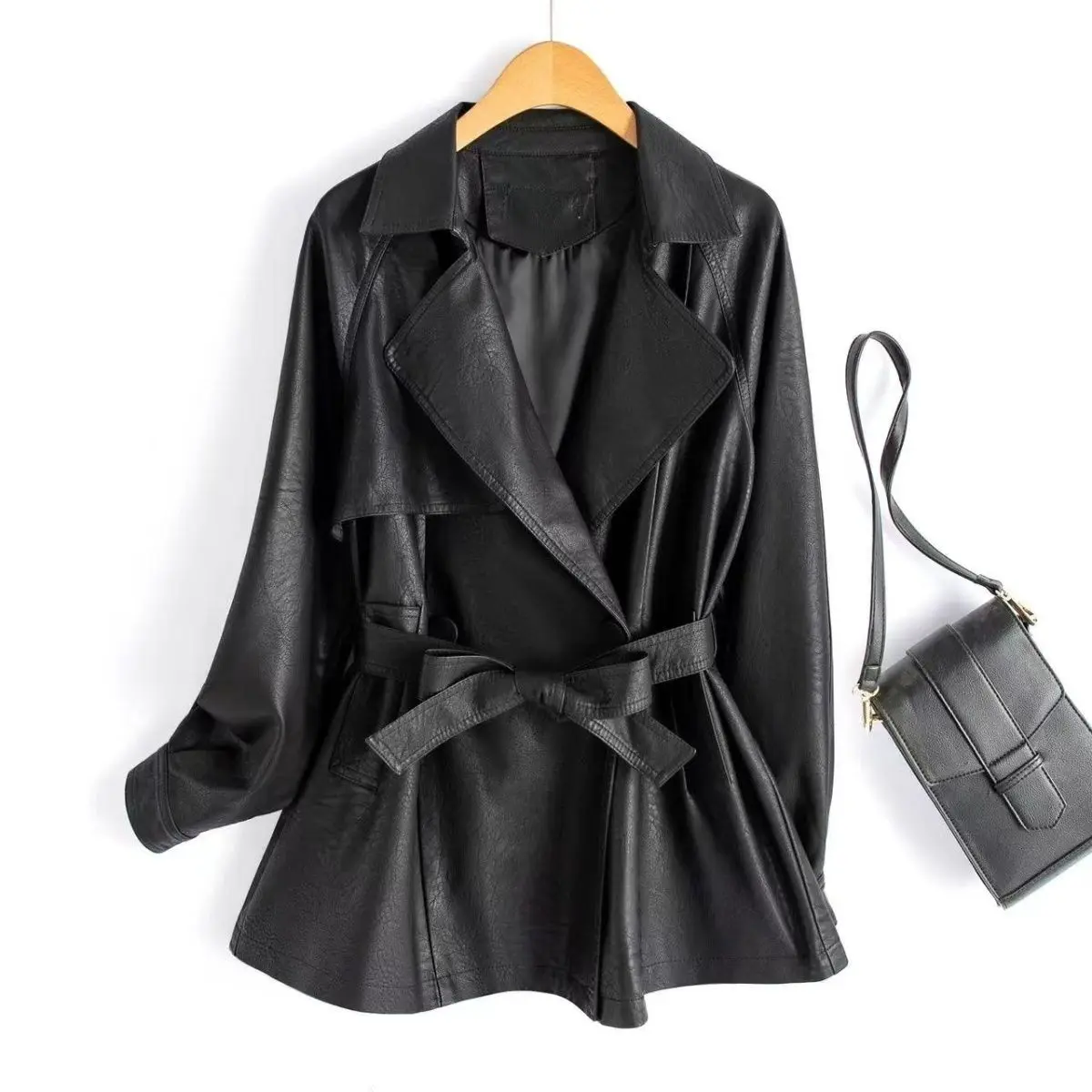 New lace-up waist  leather jacket 2025 spring and autumn medium and long jacket Korean  loose leather trench coat