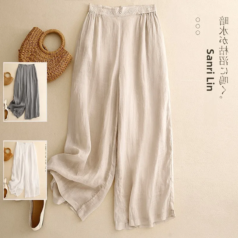 

Retro High-End Hemp Embroidered Straight Wide Leg Pants plus Size Women's Faion High Waist Dra Slimming Casual Trousers