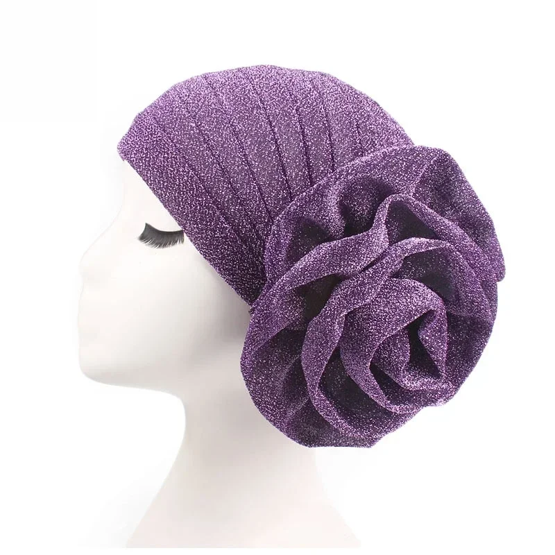 Women New Large Flower Stretch Scarf Hat Ladies Elegant Bright Silk Bright Silk Hair Rose Wrinkles Hat Women Turban Bandana