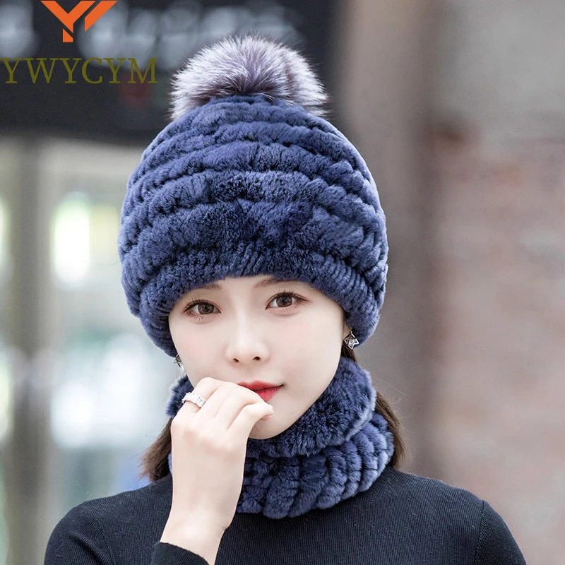 Fashion Girl Fur Cap Lady Winter Natural Real Rex Rabbit Fur Hat Scarf Suit High Quality Women 100% Genuine Fur Hat