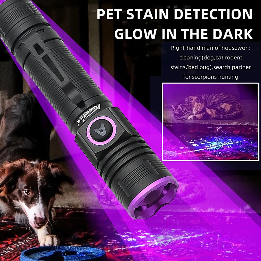 395nm UV identification aluminum alloy convenient focusing purple light 365nm aluminum alloy flashlight type-c charging