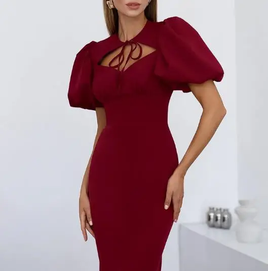 

Women Dresses 2026 Spring Summer New Bubble Sleeve Lace Up Slim Fit Solid Color Short Sleeved High Waist Temperament Long Dress