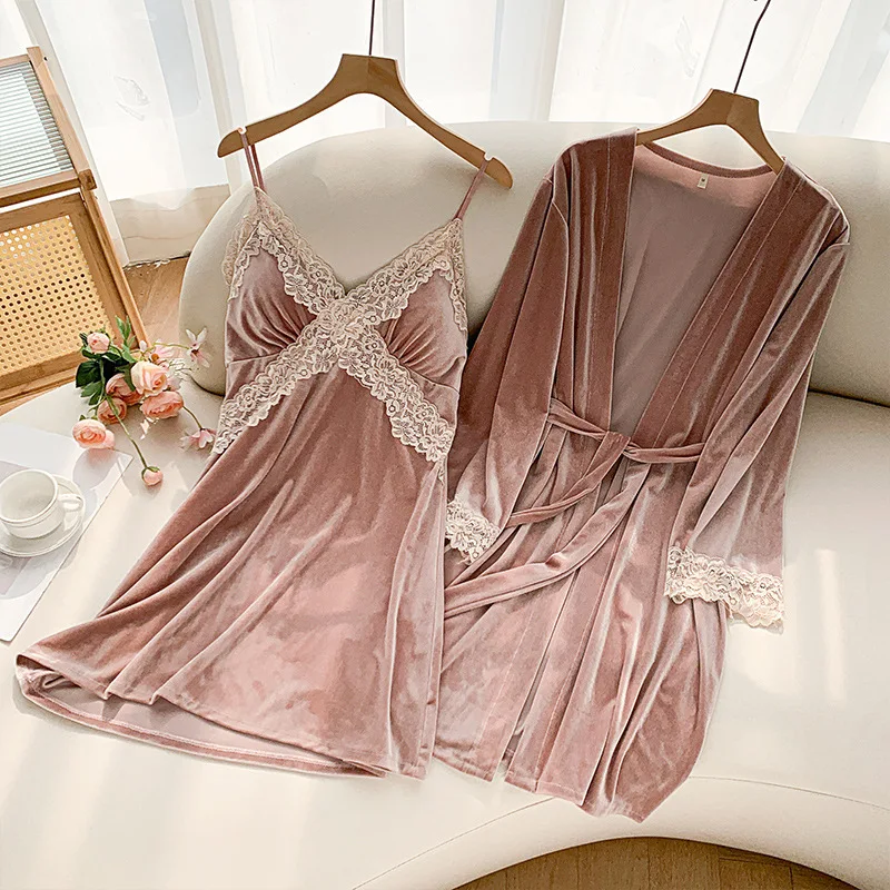 Women Sleepwear Warm Velour Nightgown Sexy Chemise Nightdress Lace Patchwork Nighty&robe Suit Autumn Lingerie Home Clothes