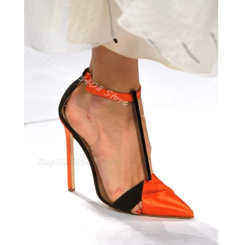 

Orange Silk Splicing Stiletto Elastic Pumps Pointed Toe British Style Summer Party Dress Women Shoes 2024 Zapatos Para Mujere