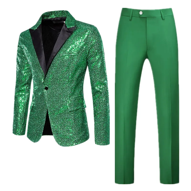 

Fashion Men Luxurious Sequin Suit 2 Piece Green / Silver Men's Bar KTV Stage Dress Male Blazer Jacket and Pants