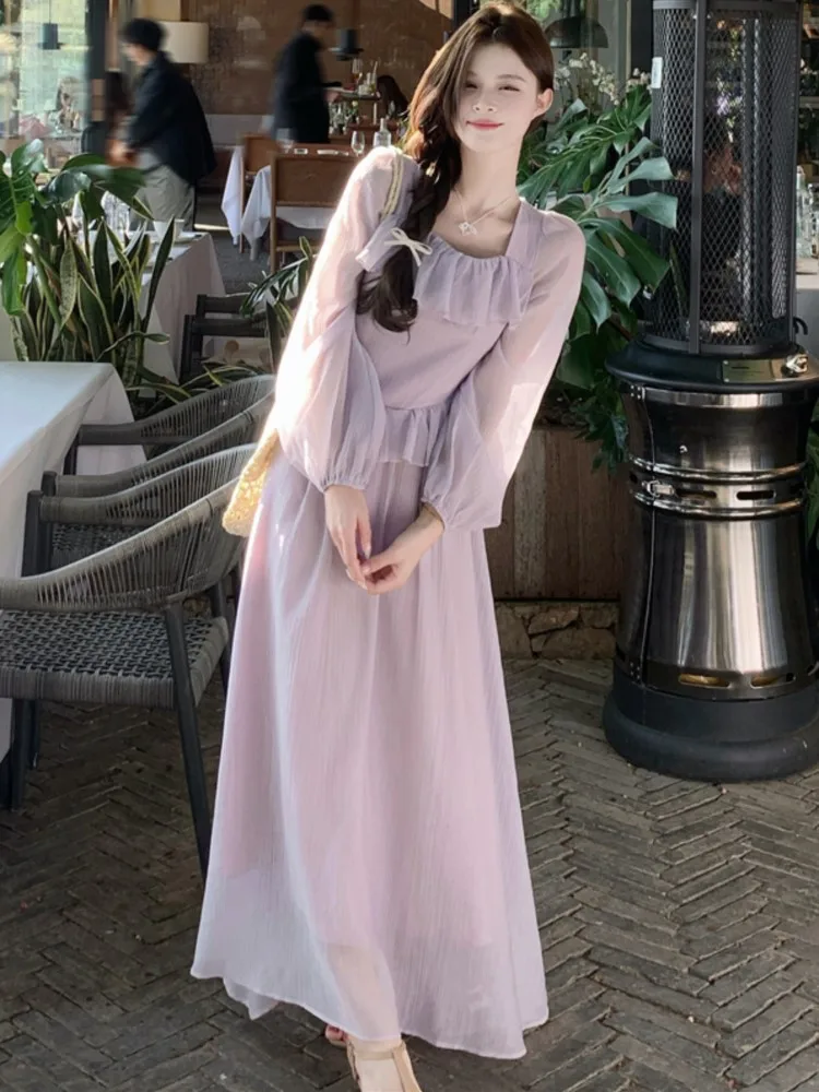

Autumn Elegant Romantic Ruffles Chiffon Purple Women's Dresses Square-Collar Slim Waist Long Sleeves Party Birthday Vacation New
