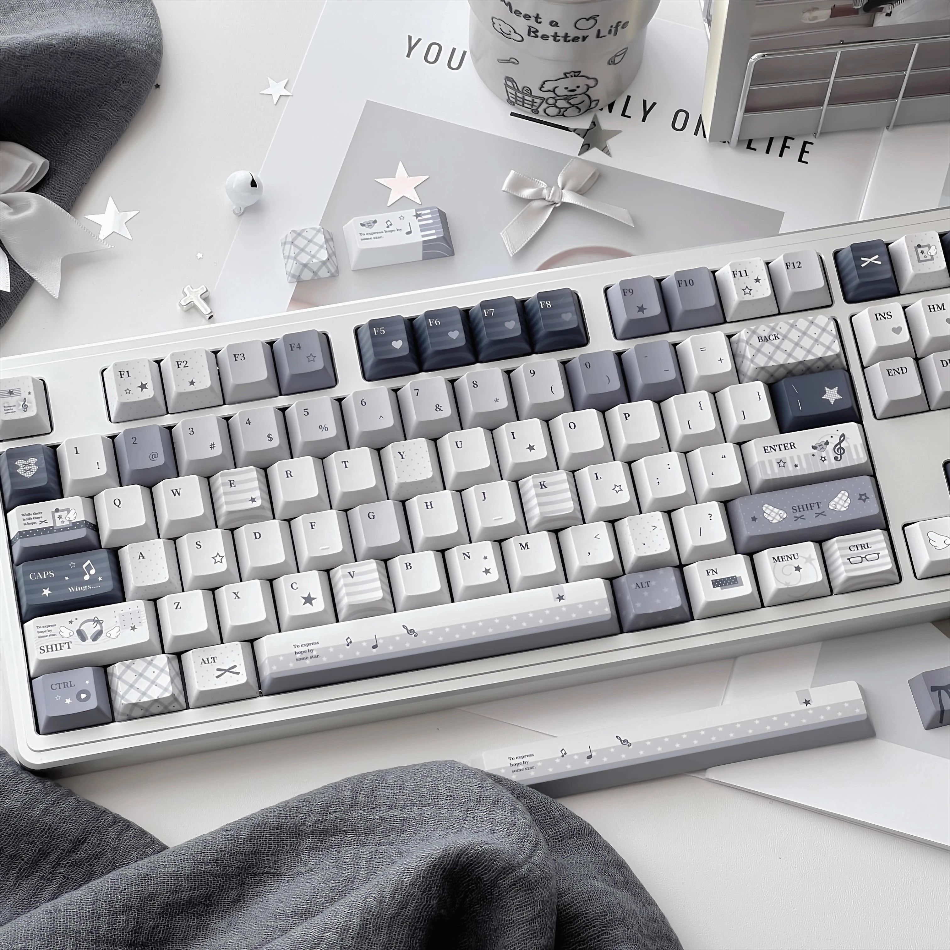 Gray Tone Musical Note Theme Keycaps Set PBT KDA/cherry Profile Custom Original Handmade Keycaps for Mechanical Keyboard Gift