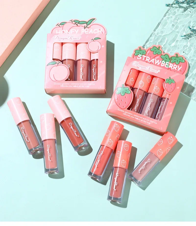 Mini Velvet Matte Lip Gloss Set 4-Piece Non-Fading Non-Stick Cup Long-Lasting Fruit Scented Lip Tint Smooth and Lightweight