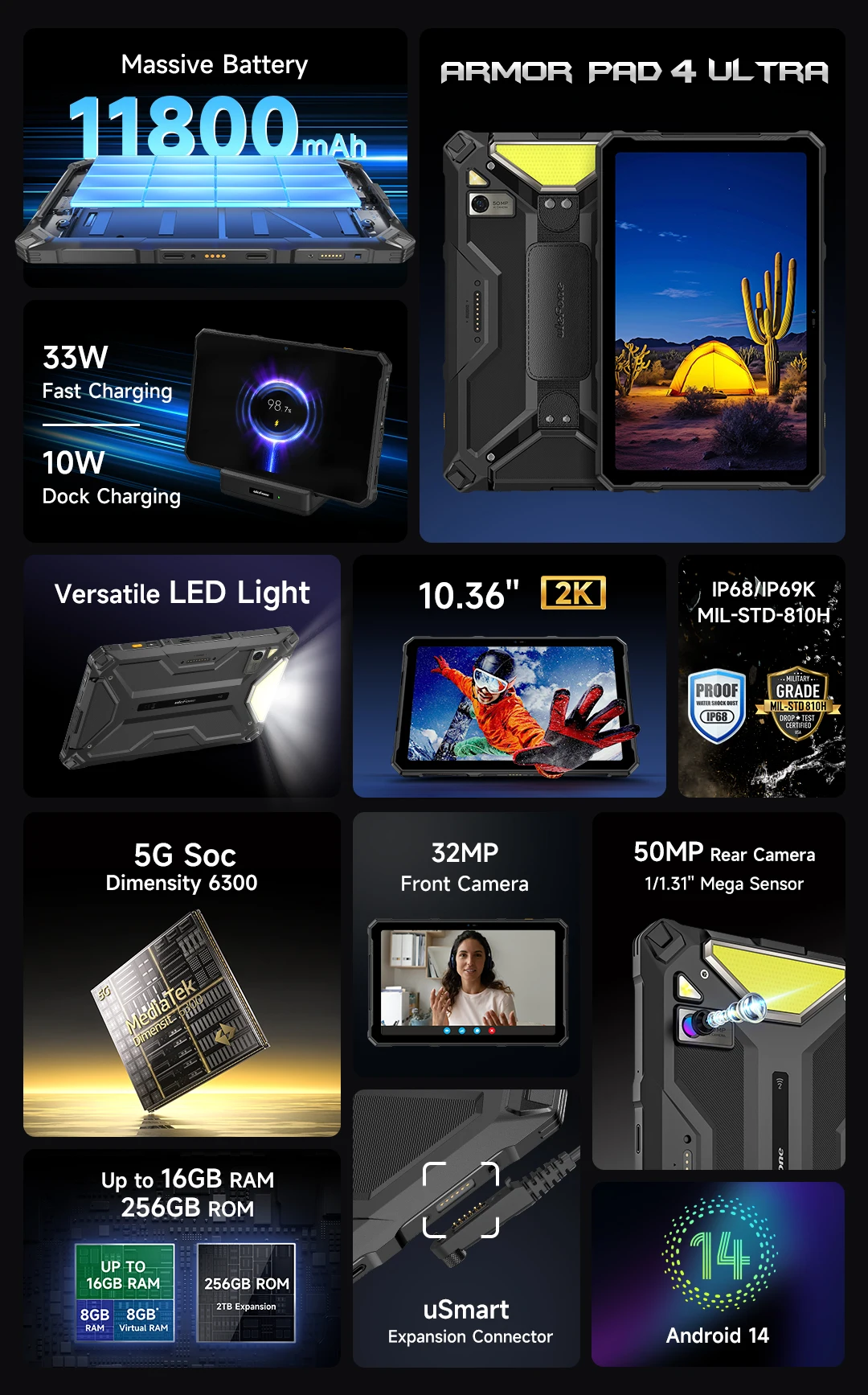 Ulefone Armor Pad 4 Ultra 5G Rugged Tablet Android 14 IP68/IP69K 11800mAh Battery Up to 16GB+256GB 10.36" LED Light