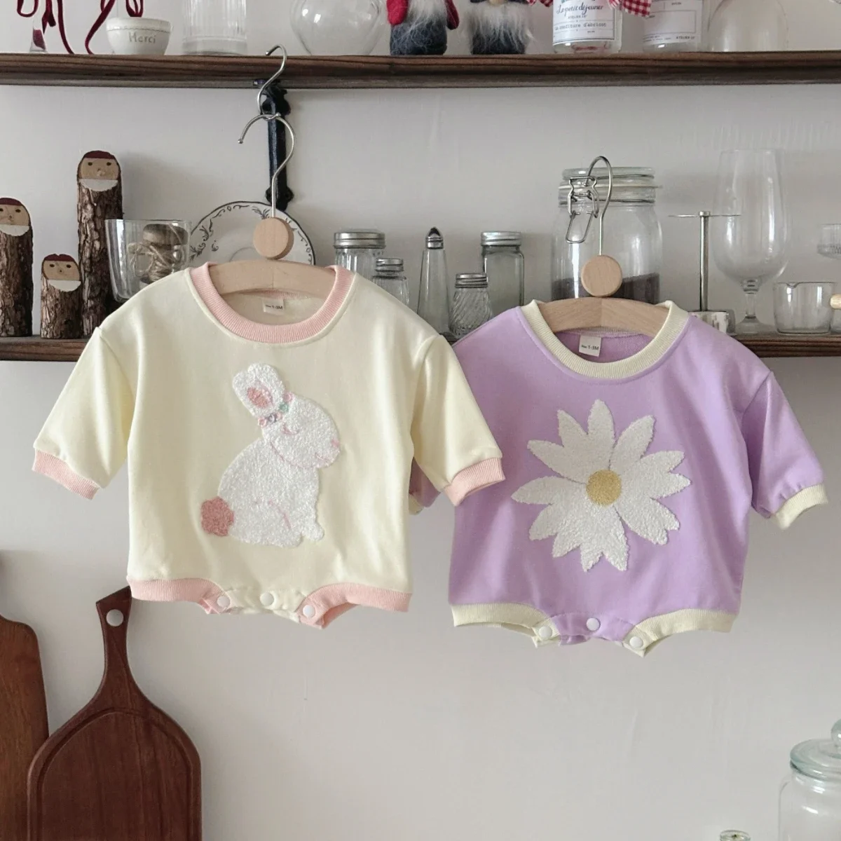 Newborn Baby Girls Cute Animal Floral Applique Long Sleeve Bodysuit Infant Spring Casual Color Collar Romper Outfit