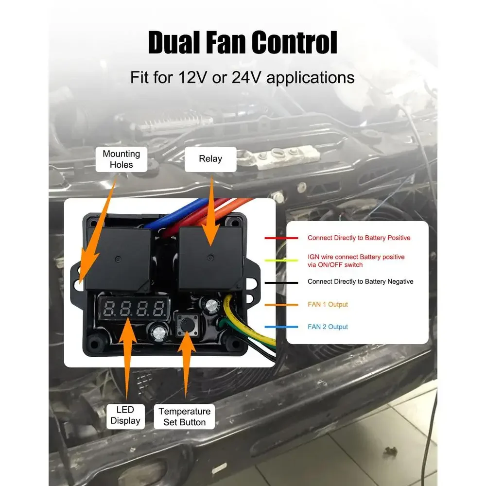 Kit interruttore ventola termica digitale 12V 24V Controllo temperatura regolabile Display LED doppio relè Modelli compatibili DC-0444