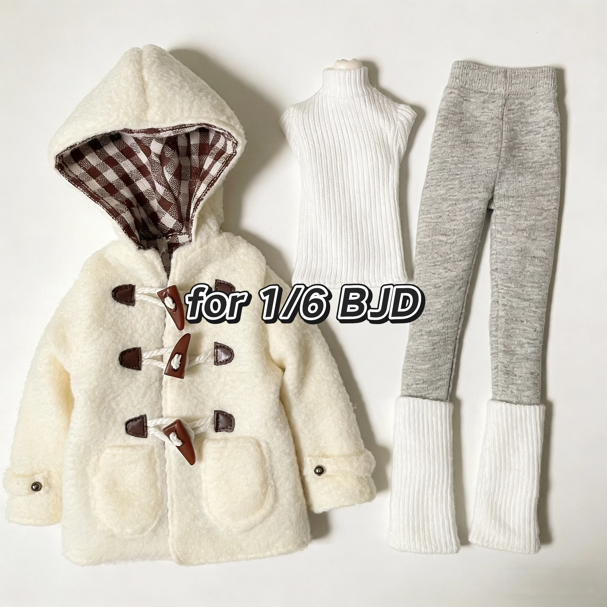 BJD  (1/6 BJD Doll Clothes)Polar fleece cow horn button jacket, high neck undershirt, leggings, ribbed leg covers