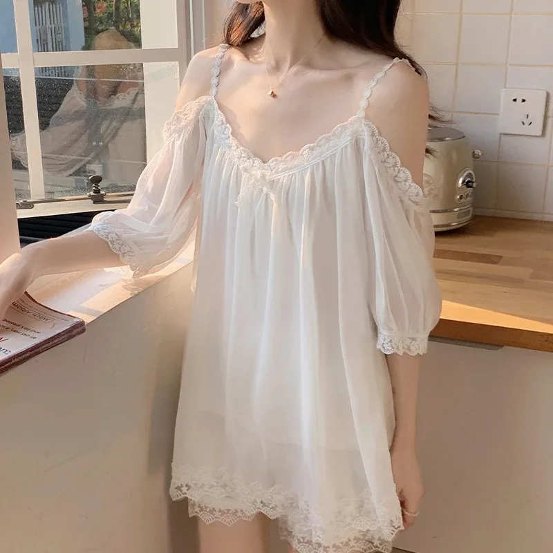 One-shoulder mesh nightgown set with a chest pad for women; thin, popular lace, pure princess style for spring and summer palace