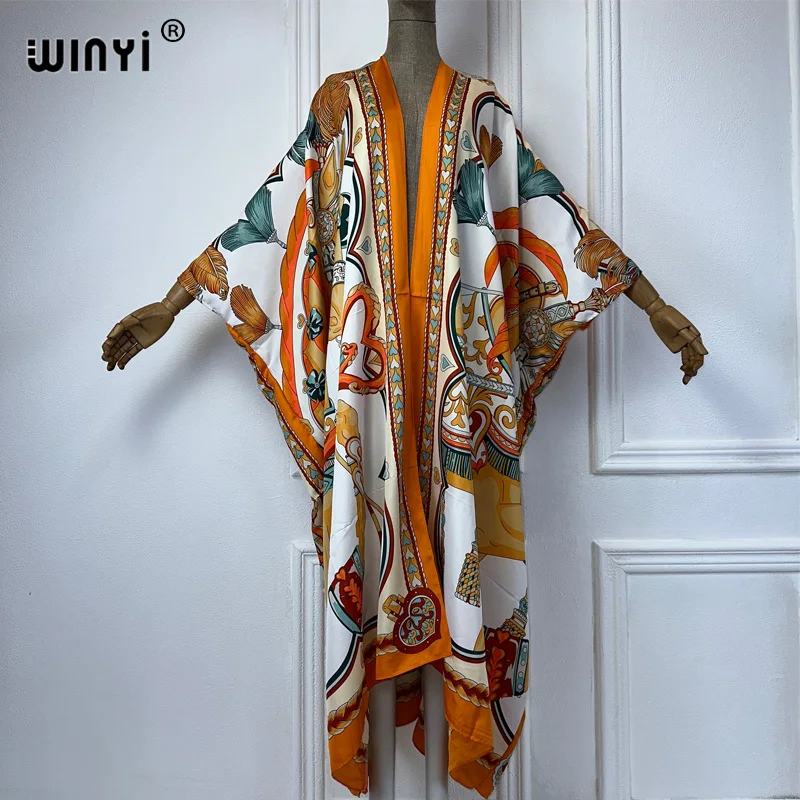 WINYI Summer fashion Beach new Geometric print Cover Up Boho Cardigan elegant Holiday Kimono beach outfits women kaftan dress