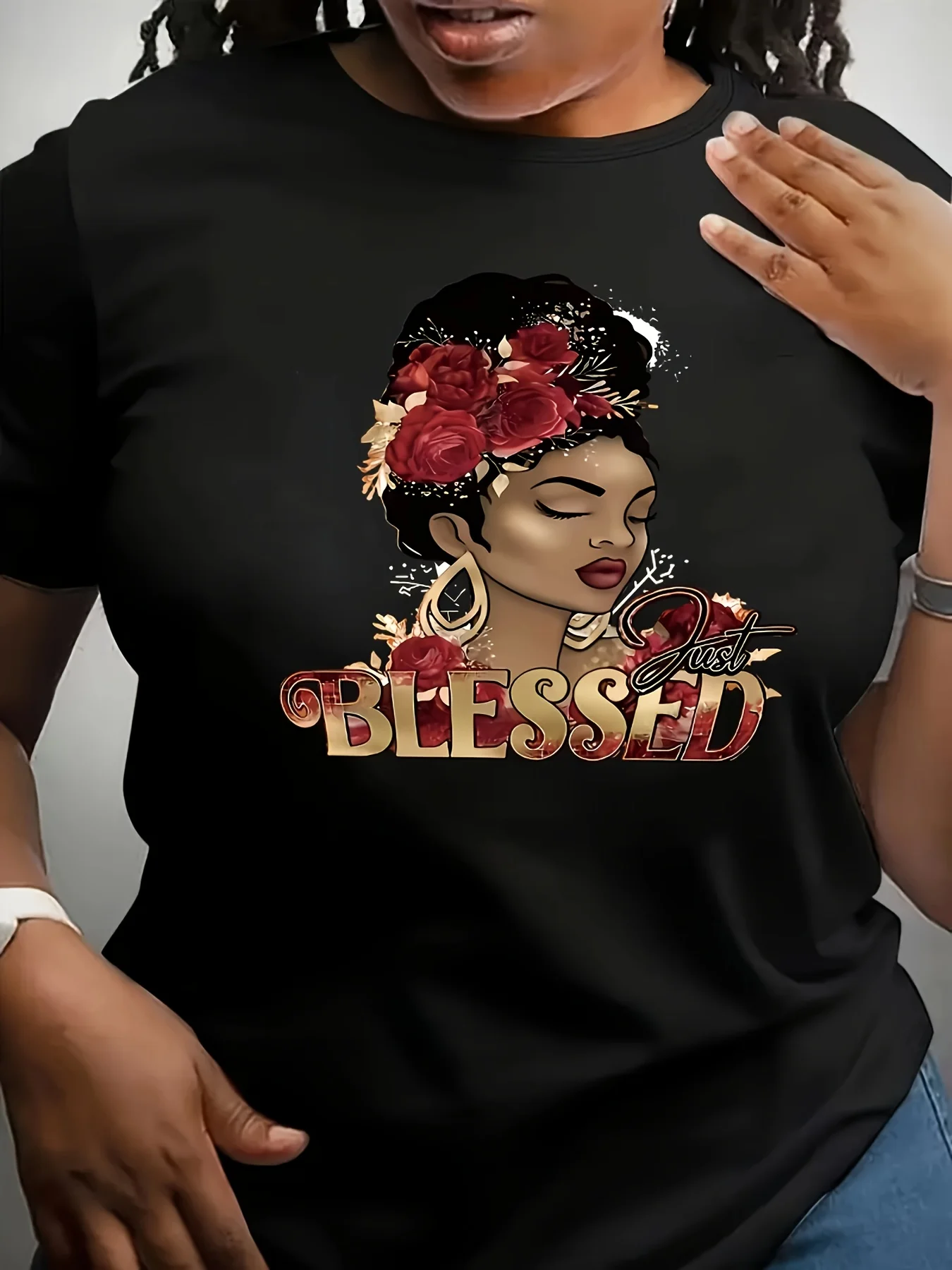 Casual Crew Neck T-Shirt Polyester Knit Fabric with Elastane Medium Stretch with African American Graphic Print women clothing