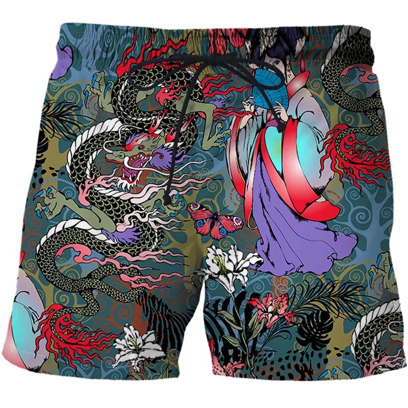 Drachen Totem Grafik Strand Shorts Hosen Männer y2k 3D-Druck Surfbrett Shorts Sommer Hawaii Badeanzug Badehose coole Eis Shorts