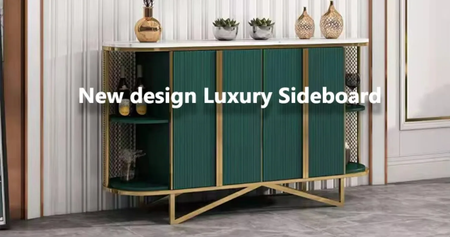Gabinete lateral de diseño, mesa de comedor tipo Buffet, mesa consola de lujo, base dorada, tapa de mármol