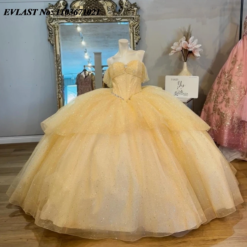 EVLAST Glitter Yellow Quinnceanera Dress Ball Gown Shiny Lace Applique Beaded Tiered Corset Sweet 16 Vestidos De 15 Anos SQ673