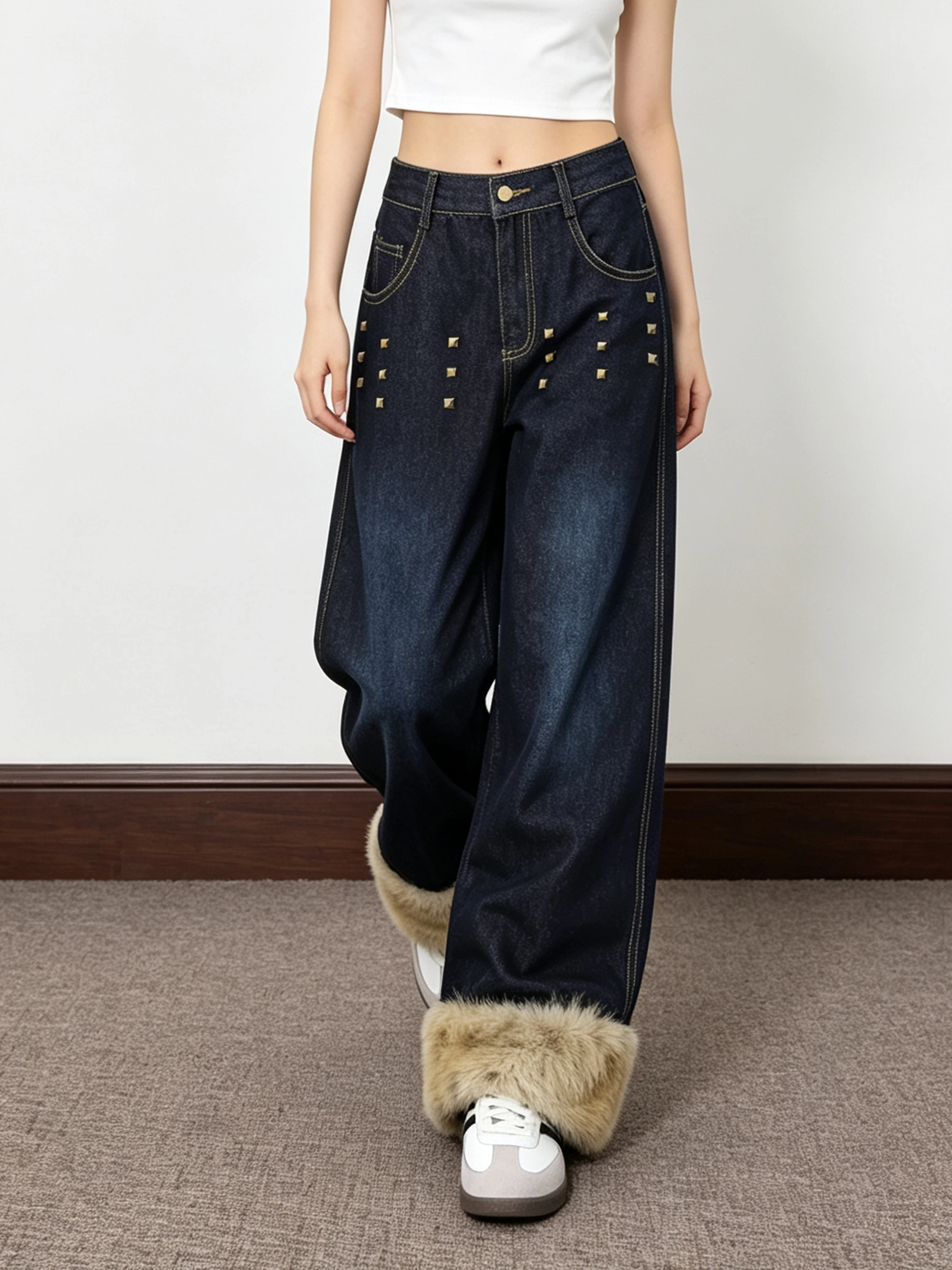 Small Ball American High Street Furry Frayed Denim Jeans Women Heavy Duty Rivet Love Embroidery Wide Leg Pants Couples