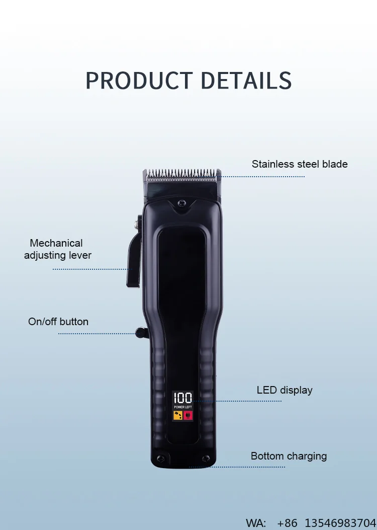 Smart LED Display Hair Clippers OEM ODM Self-sharpening Stainless Steel Blade Cordless Barber Trimmer with USB Fast Charge