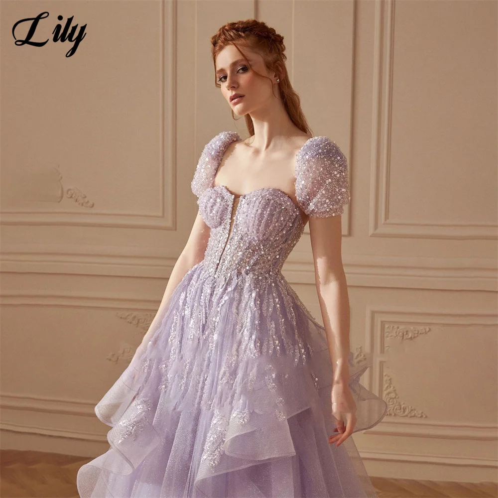 Lily Lilac Tulle Elegant Sexy Wedding Party Dress Sequined Party Dresses Short Sleeves Formal Occasion Dress robes du soir