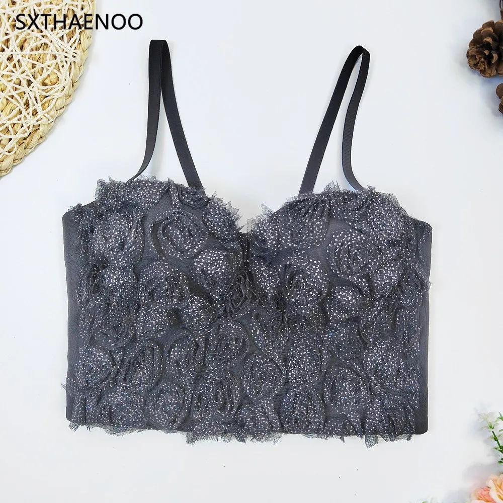 

SXTHAENOO New Summer Sexy Tops Colored Flowers Camisole Push Up Bralet Women's Slim Elastic Bustier Bra Party Cropped Top