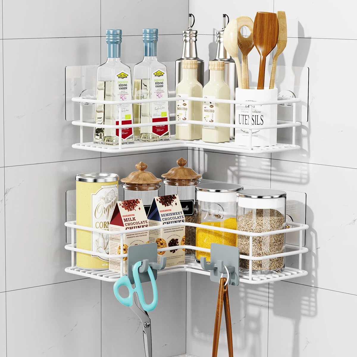 2PCS Metal White Bathroom Kitchen Corner Shelves No Drill Wall Mount Shower Triangle Rack with Hooks Shampoo Spices Organizer