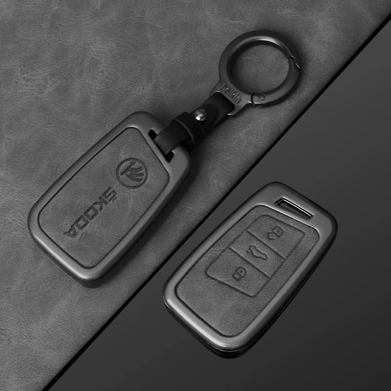 Leather Zinc Alloy Car Smart Remote Key Case Full Cover Protector Shell Fob for Skoda Kodiaq Superb A7 Auto Keychain Accessories