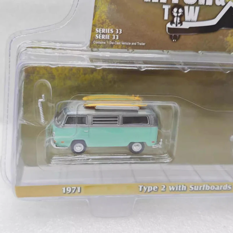 Greenlight 1: 64 1971 T2&Surfboards and Teardrop Trailer-Varnish edition Alloy Car Model Toy Gift Collection Display Souvenir
